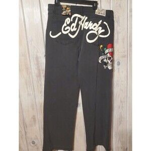 Ed Hardy Love Kills Slowly Black Jeans Womens 34 Wide Leg Embroidery New